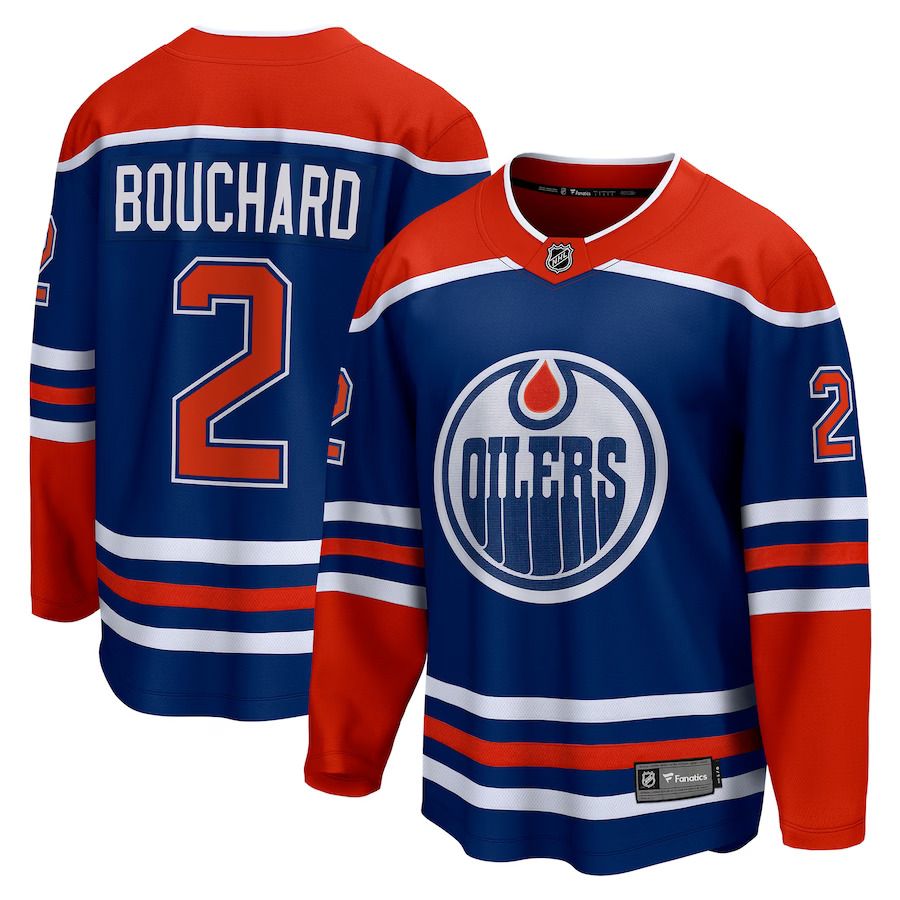 Men Edmonton Oilers #2 Evan Bouchard Fanatics Branded Royal Home Breakaway Player NHL Jersey